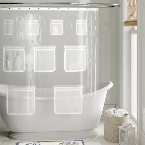 Ebern Designs Gargiulo Mesh Pockets PEVA Single Shower Curtain